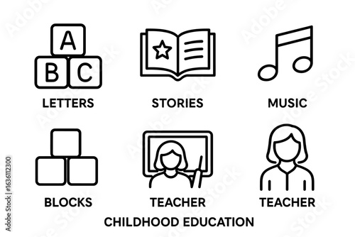 Childhood education icons: letters, stories, music, blocks, teachers