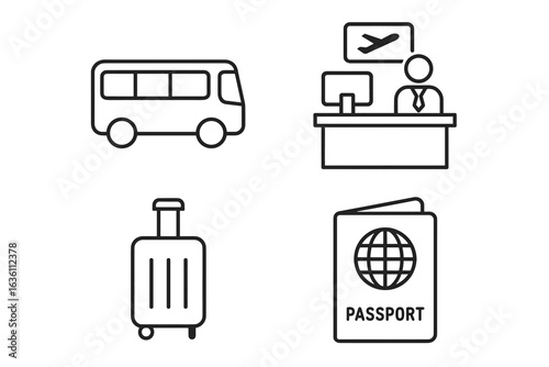 Travel icons: bus, reception desk, suitcase, and passport illustrations