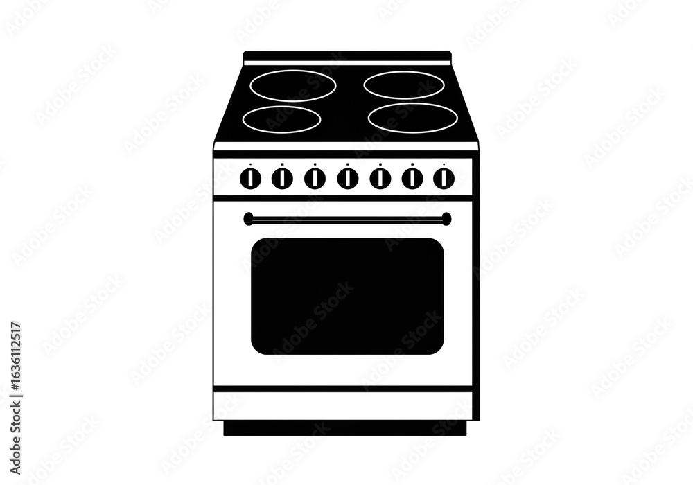 A black and white illustration of a stove with four burners and an oven in a simple design style A black and white illustration of a stove with four burners and an oven in a simple design style