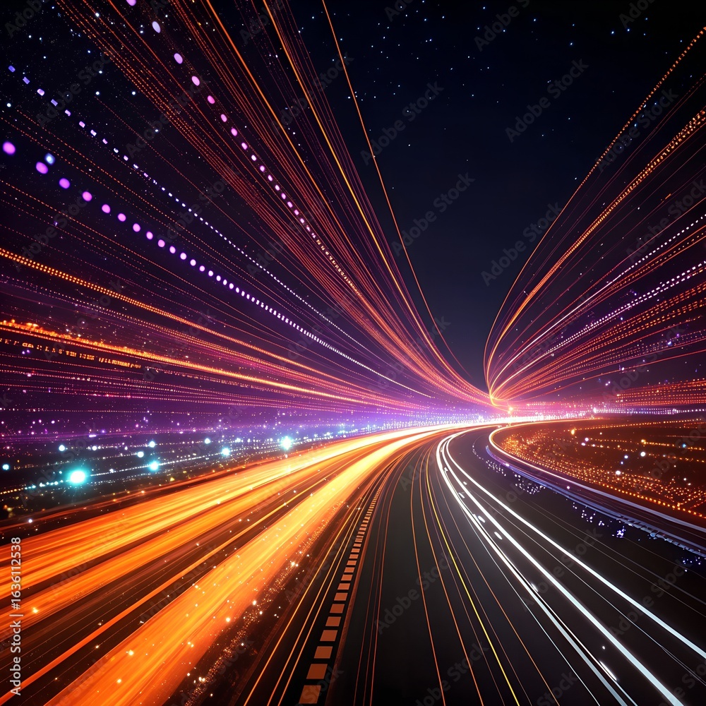 Obraz premium Abstract visualization of light trails on a highway at night, symbolizing fast data transfer, speed, and digital network connectivity