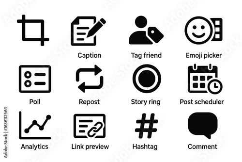 Social media icons: editing, tagging, emojis, polls, hashtags, and more
