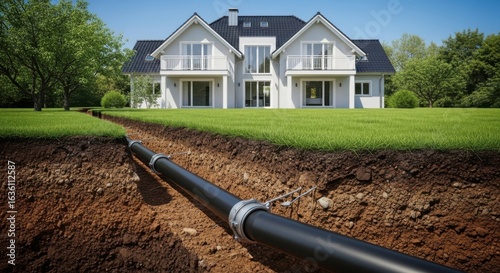A modern house showcases a buried pipe, highlighting residential infrastructure and plumbing systems.
