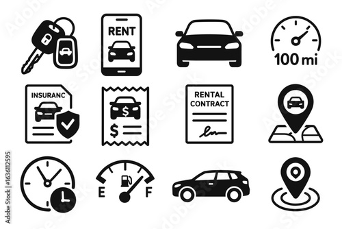 Car rental icons: keys, contracts, insurance, gps, fuel, speedometer