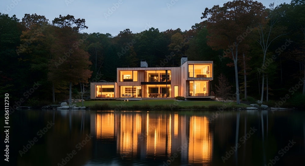 Obraz premium Modern Lakeside Home Radiating Warmth at Twilight A Serene Reflection of Contemporary Design and Natural Beauty in Autumn