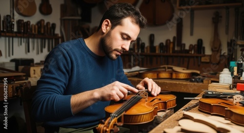 A skilled luthier carefully working on a violin in his workshop, crafting a beautiful instrument.