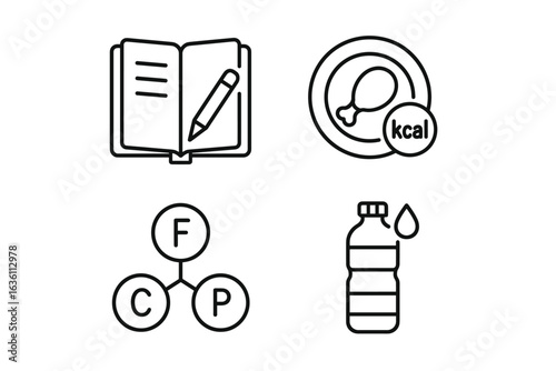 Icons of meal planning, calories, macronutrients, and hydration