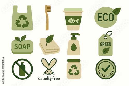 Eco-friendly icons: recyclable bags soap bottles and sustainable practices
