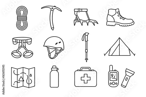 Essential mountaineering gear: rope, ice axe, crampons, hiking boots, helmet, tent