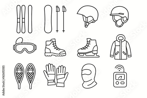Winter sports equipment icons including skis, snowboard, helmet, boots, gloves, goggles, jacket