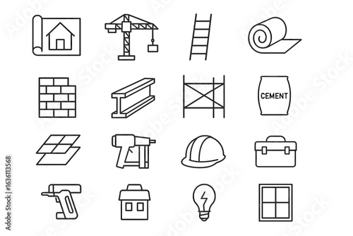 Construction tools and materials icons: blueprint, crane, ladder, cement, helmet