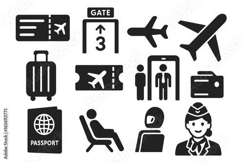 Aviation and travel icons: airplane, boarding pass, luggage, passport, security, gate, flight attendant
