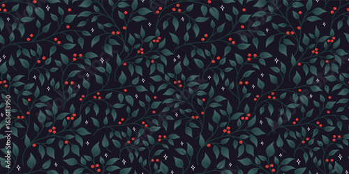 Cute hand drawn  seamless pattern with winter greenery - x mas background, great for textiles, banners, wallpapers - vector design