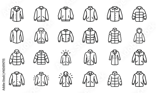 Winter Jacket and Coat Icon Set – Minimal Line Style Vector Illustrations of Outerwear, Puffer Jackets, Parkas, Hooded Coats, and Fashion Clothing Icons for Cold Weather Design Projects
