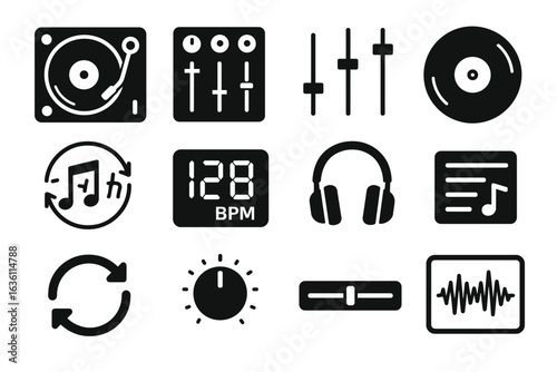 Music icons set: turntable, equalizer, headphones, bpm display, sound wave