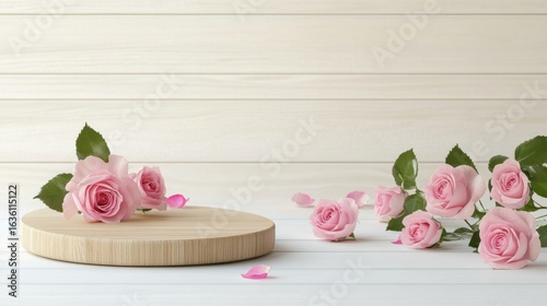 Wooden Display with Pink Roses.