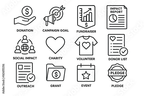 Fundraising and charity icons: donation, fundraiser, volunteer, pledge, social impact