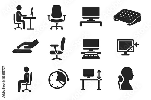 Office ergonomics icons: desk, chair, computer, monitor, posture