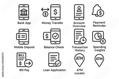 Banking app icons: money transfer, account overview, and payment reminders