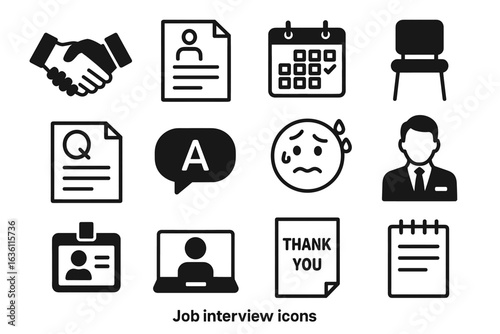Job interview icons set: resume, calendar, communication, nervousness, professionalism