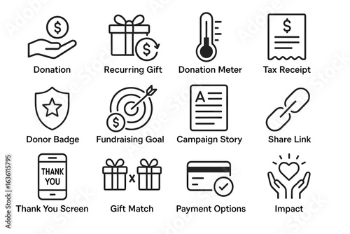 Donation and fundraising icons: gift, tax, badge, goal, payment methods