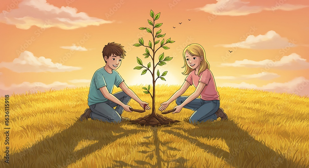 Fototapeta premium Children Planting a Tree in a Field at Sunset