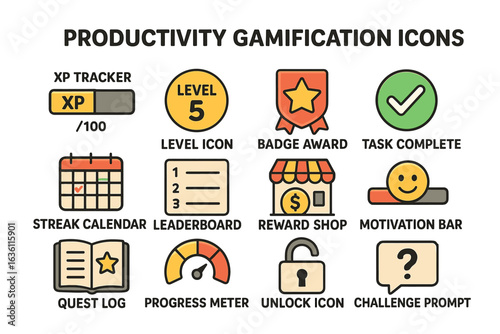 Productivity gamification icons for task management and motivation enhancement