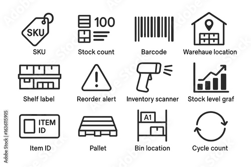 Inventory management icons: barcode, shelf label, scanner, stock level graph, cycle count