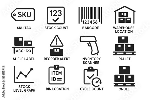 Inventory management icons set featuring sku, barcode, warehouse, pallet, and scanner symbols