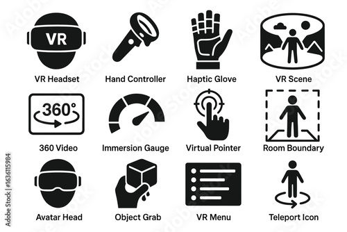Virtual reality icons: vr headset, hand controller, haptic glove, 360 video, teleport icon