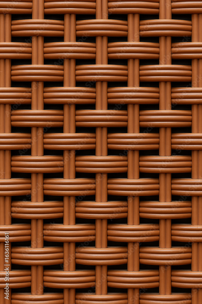 Naklejka premium High-resolution seamless rattan texture with a realistic 3D look. The image features a detailed brown woven pattern that resembles synthetic or natural rattan, ideal for use in furniture design, backg