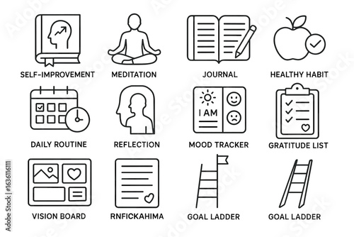 Icons illustrating self-improvement practices: meditation, journaling, and goal setting