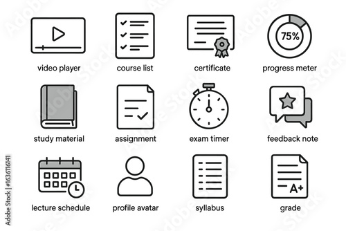 Educational icons set: courses, exams, certificates, feedback, timers
