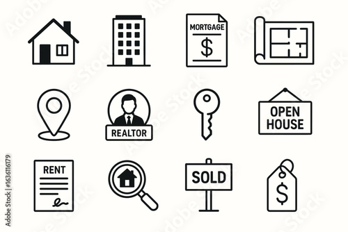 Real estate icons collection: house, apartment, mortgage, floor plan, realtor