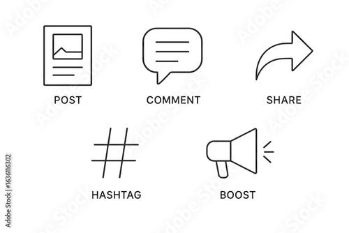 Social media interaction icons: post, comment, share, hashtag, boost