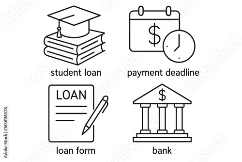 Student loan icons: education financing, payment deadlines, loan forms, bank symbols