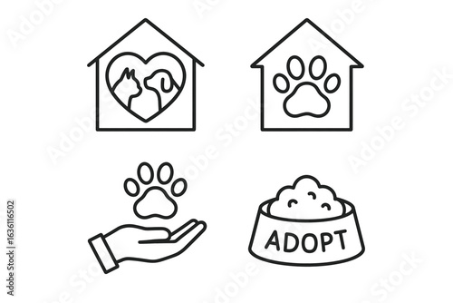 Pet adoption symbols: heart, paw, hand, and adoption bowl icons