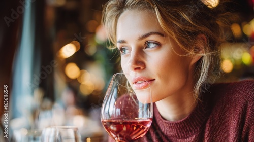 A thoughtful woman enjoys a glass of wine in a cozy setting, reflecting on her surroundings with a serene expression.