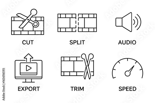 Video editing icons: cut, split, audio, export, trim, speed
