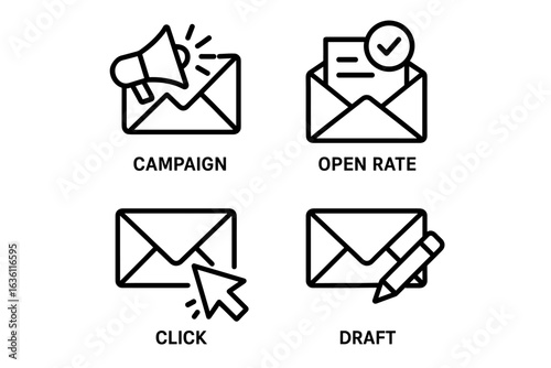 Email campaign elements: open rate, click, draft, and engagement icons