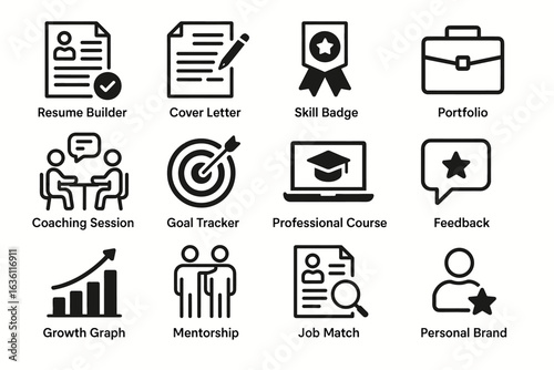 Professional development icons: resume, coaching, courses, mentorship, feedback