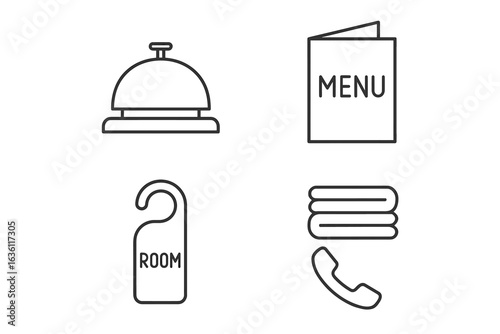 Hotel amenities icon set: bell, menu, do not disturb sign, phone, towels