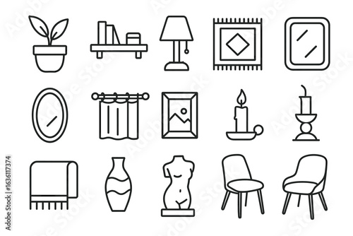 Collection of minimalist home decor icons: lamps, plants, art, furniture, and more