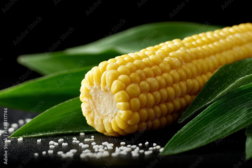 Obraz premium Fresh golden corn on cob with green leaves and salt grains close-up on black background