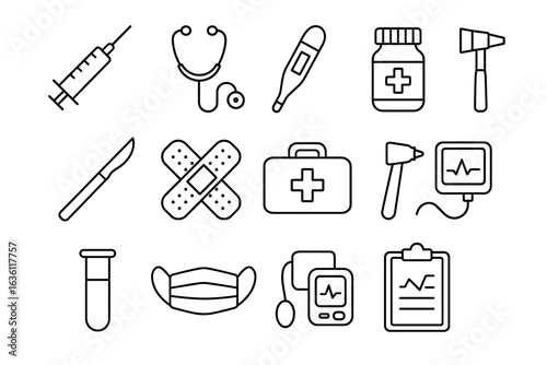 Medical icon set: syringe, stethoscope, thermometer, medicine, tools, mask, clipboard