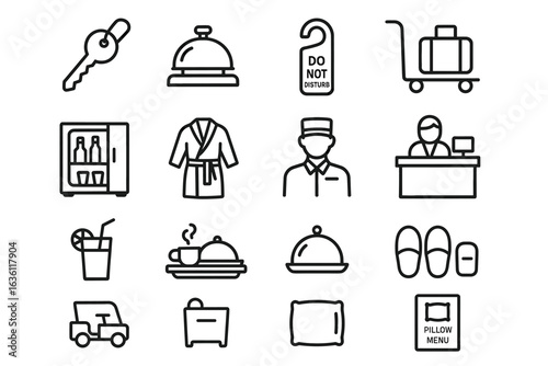 Hotel icons: key, bell, luggage, robe, reception, beverage, meal, slippers, pillow, do not disturb