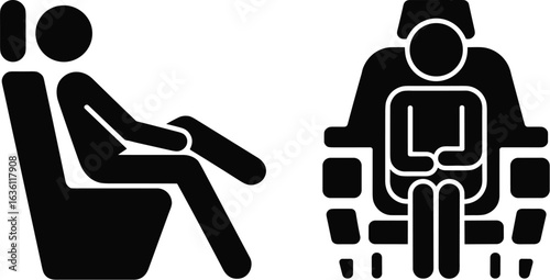Two black stick figure icons of people sitting in seats person