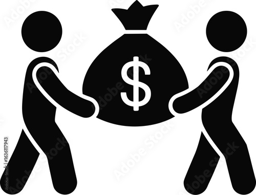 Two figures carrying a money bag with a dollar sign two people black and white