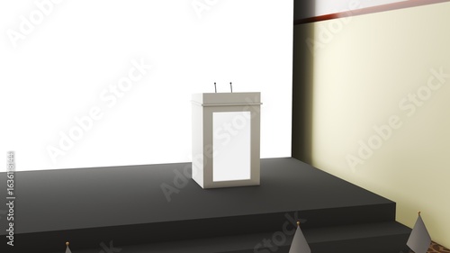 Modern conference podium with front digital screen, perfect for presentation and branding mockup.