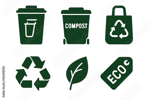 Eco-friendly icons: recycling compost bin leaf symbol and eco tag designs