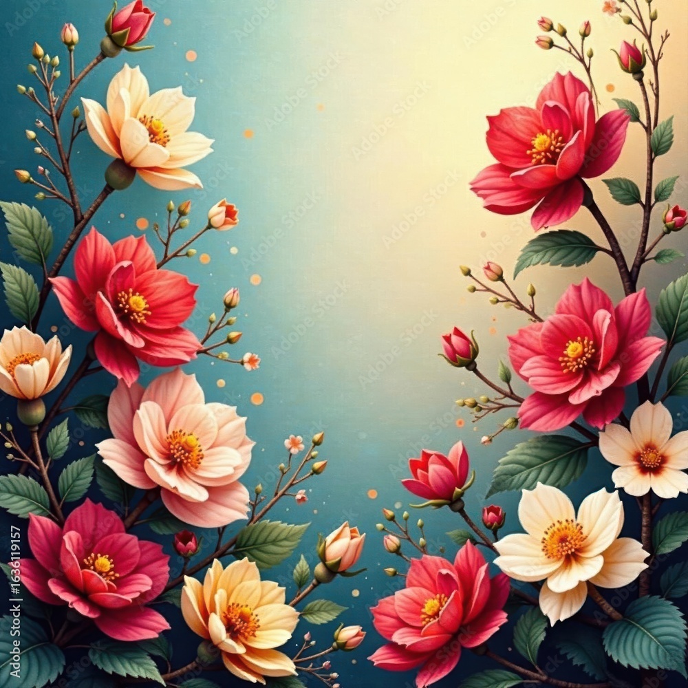 Fototapeta premium Intricate floral textile, radiant blossoms light background, fabric, pattern